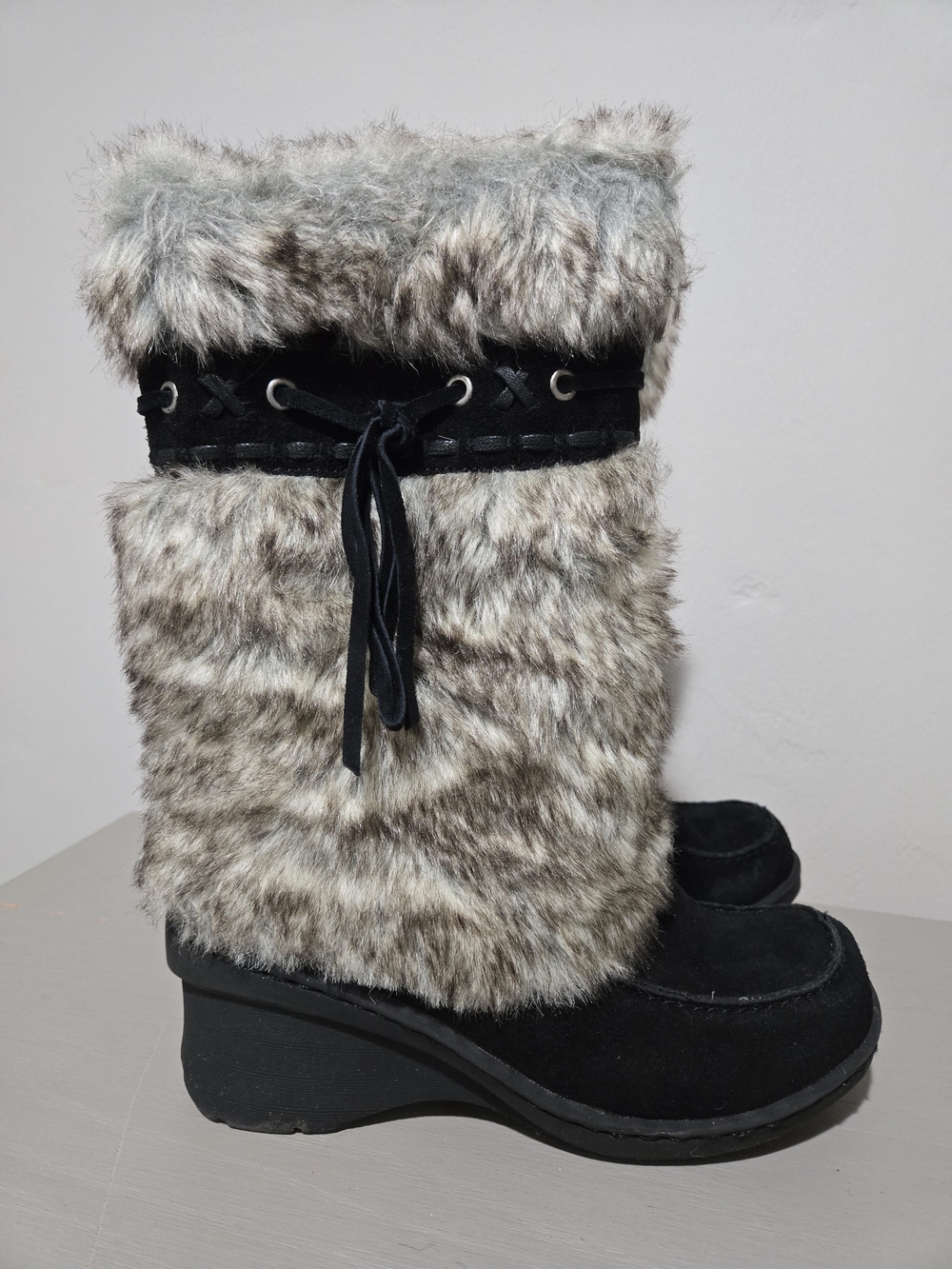 Faux Fur Black Wedge Suede Winter Boots